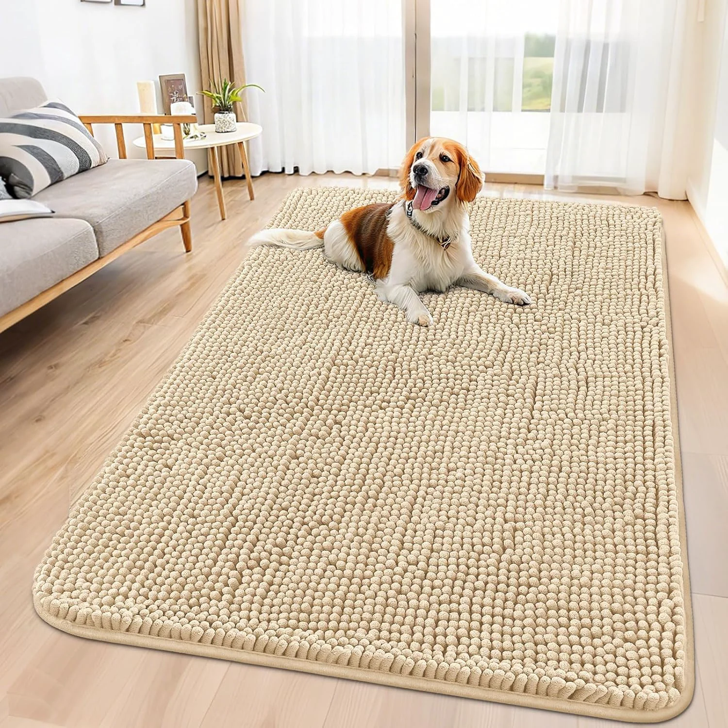 Fast Smiry Dog Door Mat for Muddy Paws 59x32 Absorbs Moisture and Dirt Doormat Non-Slip Washable Quick Dry Chenille Front Door Mat Indoor Entrance Entryway Carpet for Inside Floor Beige Premium