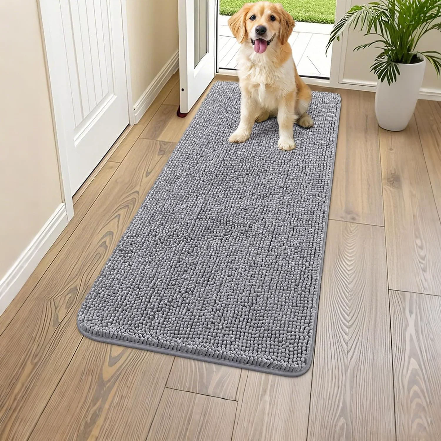 Eco-Friendly Smiry Dog Door Mat for Muddy Paws 47x24 Absorbs Moisture and Dirt Doormat Non-Slip Washable Quick Dry Chenille Front Door Mat Indoor Entrance Entryway Carpet for Inside Floor Grey Casual