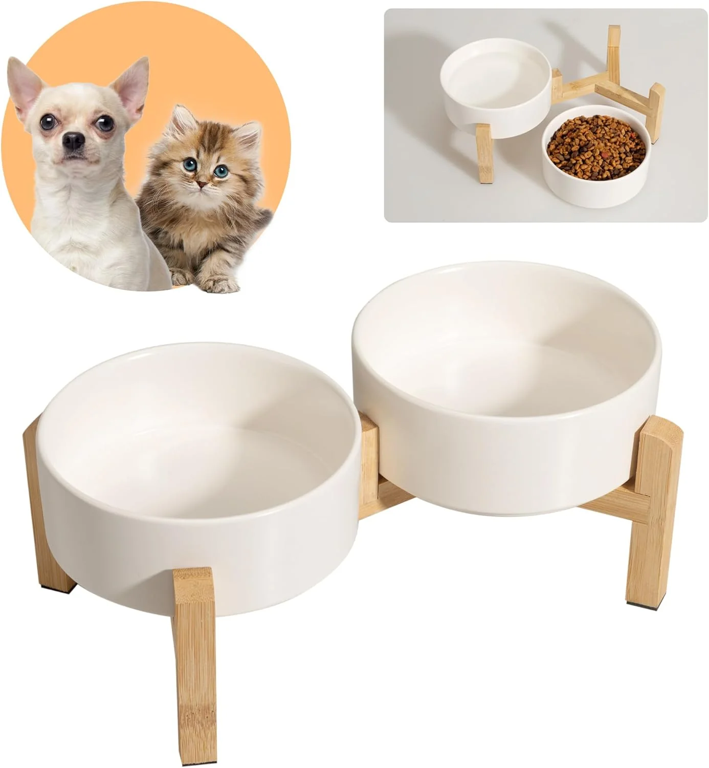 Efficient d Ceramic Dog Bowl Set - Raised Feeding Bowls with Non-Slip Bamboo Stand - Small Pet Dishes for Food and Water - I for Cats and Puppies - 16.23 OZ - 2 Cups - 480 ML Recyclable