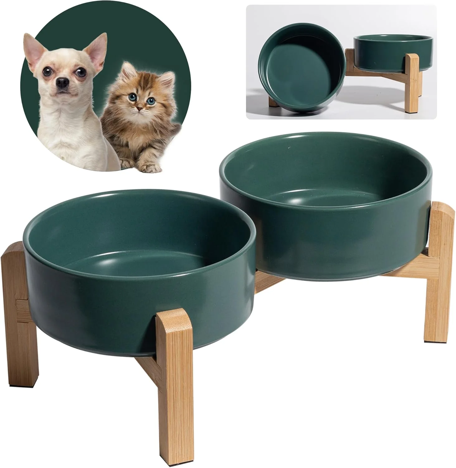 Fashionable d Ceramic Dog Bowl Set - Raised Feeding Bowls with Non-Slip Bamboo Stand - Small Pet Dishes for Food and Water - I for Cats and Puppies - 16.23 OZ - 2 Cups - 480 ML Fine