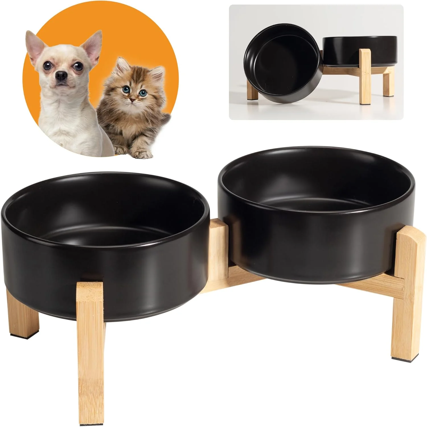 Environmentally Friendly d Ceramic Dog Bowl Set - Raised Feeding Bowls with Non-Slip Bamboo Stand - Small Pet Dishes for Food and Water - I for Cats and Puppies - 16.23 OZ - 2 Cups - 480 ML Verified