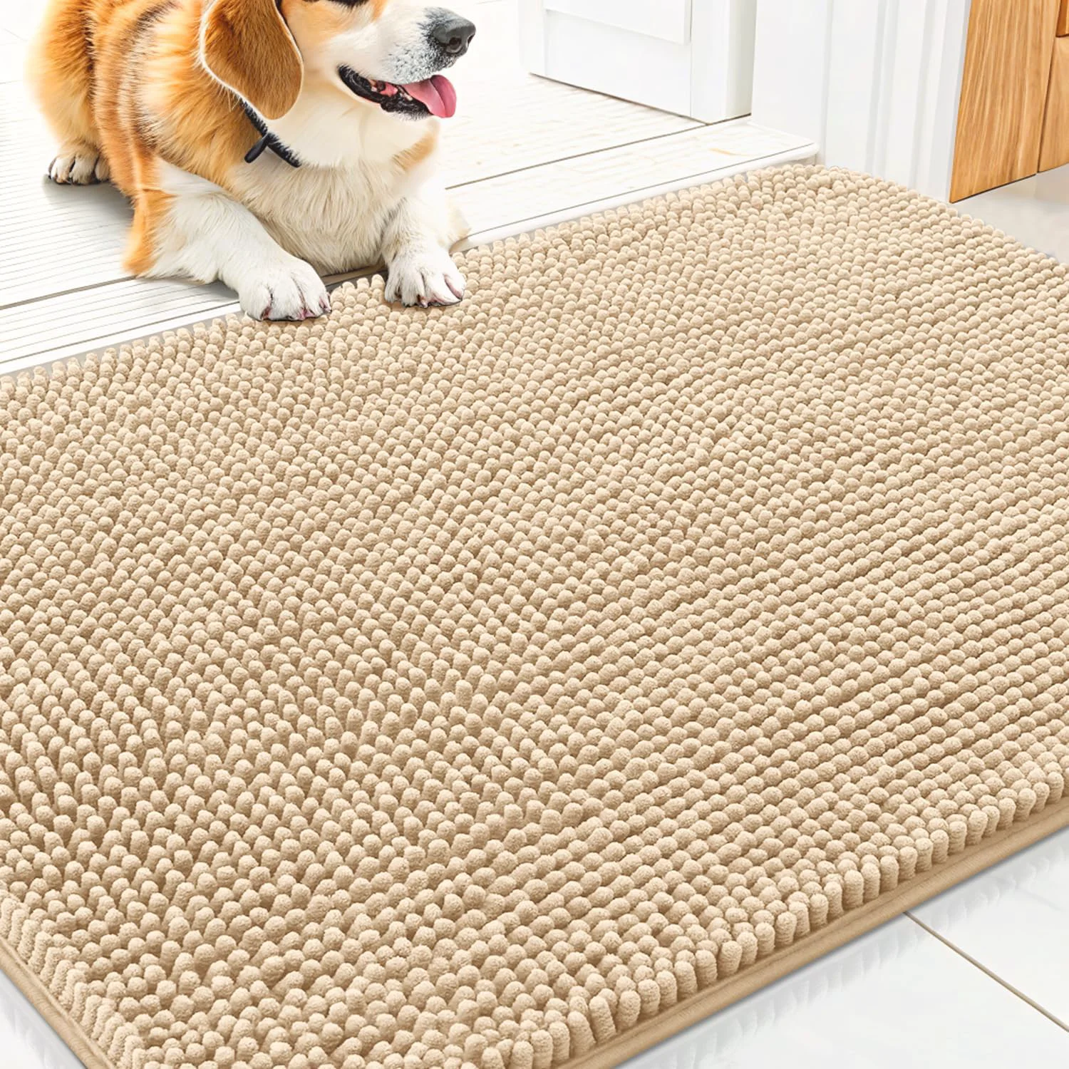 Convenient Smiry Dog Door Mat for Muddy Paws 30x17 Absorbs Moisture and Dirt Doormat Non-Slip Washable Quick Dry Chenille Front Door Mat Indoor Entrance Entryway Carpet for Inside Floor Beige Long-Lasting