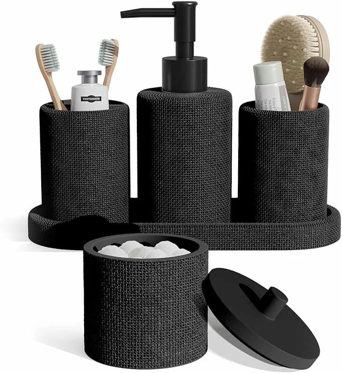 Consistent Clara Clark Bathroom Set - Black Bathroom Accessories Set 5PC Bathroom Accessory Set Bathroom Sets with Soap Dispenser Toothbrush Holder Tumbler Cotton Swab Jar Vanity TrayAbout ThisOverview Optimized