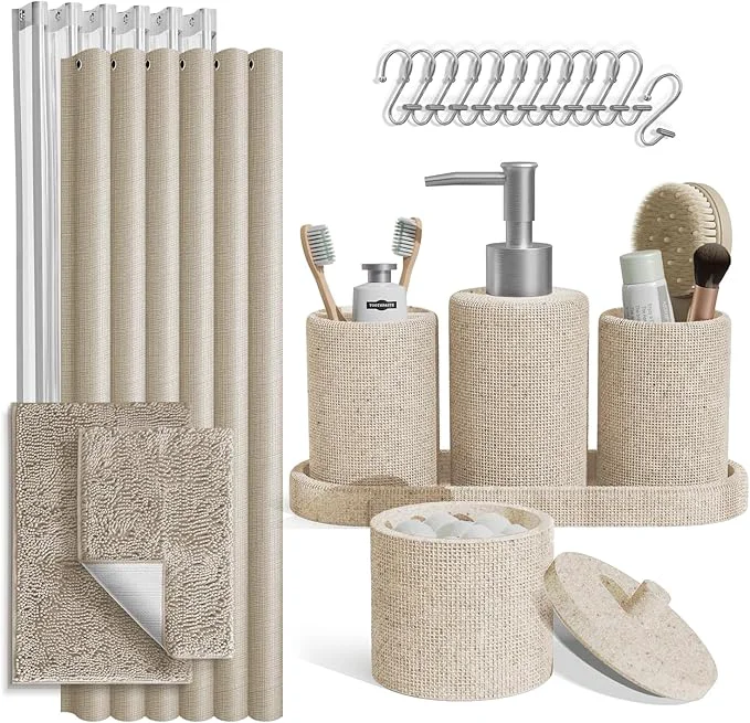Artisan Clara Clark Beige Bathroom Set - Bathroom Sets with Shower Curtain and Rugs 21PC Bathroom Accessory Set Shower Curtain Set with Soap Dispenser Toothbrush HolderAbout ThisOverview Excellent