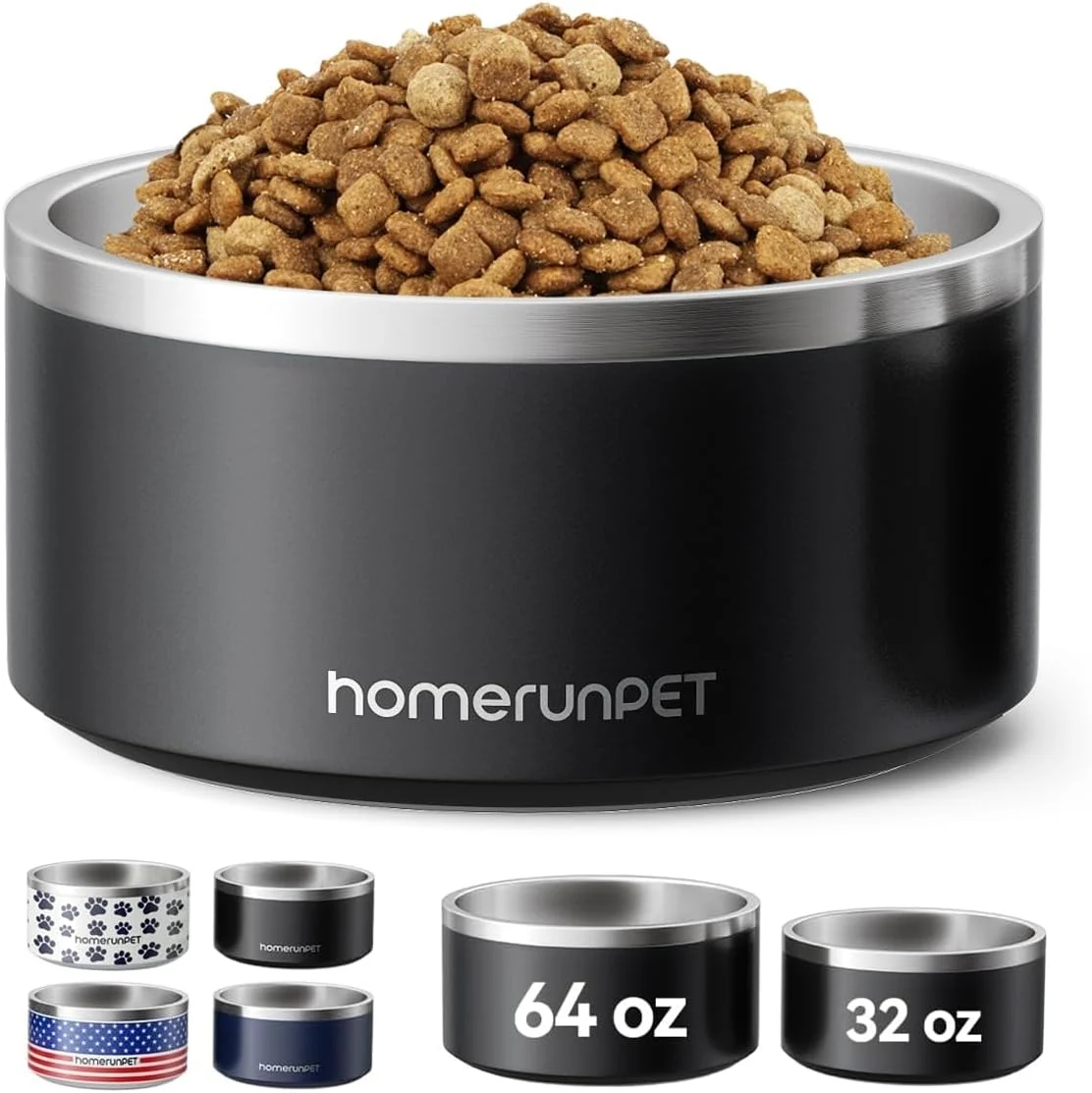World-Class Homerunpet Double Wall Stainless Steel Dog Bowls Non-Slip Base Dishwasher Safe Durable Pet Food Water Bowl for Dogs Cats 32oz Black Soft