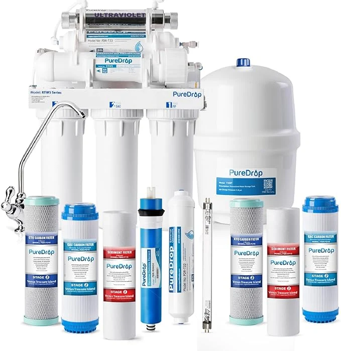 High-Quality RTW5U Reverse Osmosis Water Filter System with UV Filter Ultraviolet TDS Reduction RO Water Filtration System 6-Stage Under Sink Water Filter with Faucet Plus Extra 3 Filters 50 GPD WhiteAbout ThisOverview Expertly Made