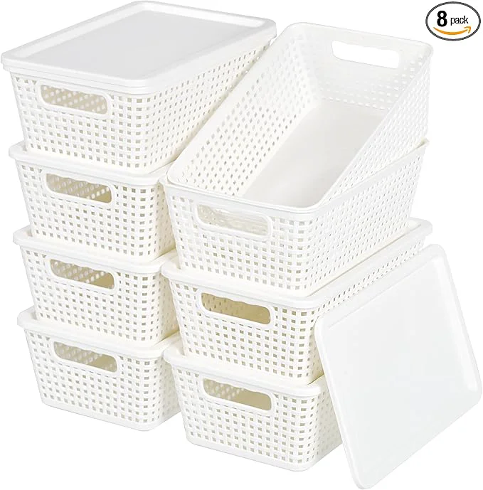 Casual Plastic Storage Baskets With Lid Storage Bins for Organizing Stackable Decorative Containers for Shelves Drawers Desktop Closet Playroom Classroom Office 8 Pack-WhiteAbout ThisOverview Powerful