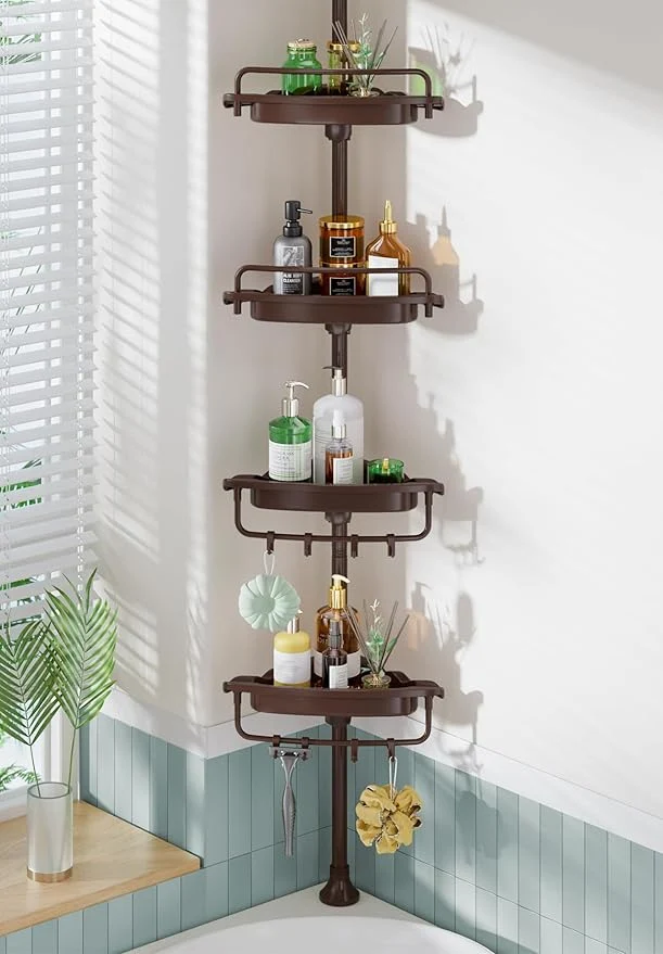 Breathable Corner Shower Caddy Tension Pole Brown Shower Caddy 18 8 Stainless Steel Rustproof 4 Tier Adjustable Shower Organizer Bathroom Shelves Storage Rack 32-122inchAbout ThisOverview Effective