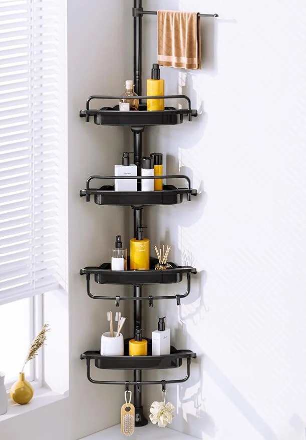 Convenient Rustproof Shower Caddy Tension Pole Corner Shower Caddy Organizer 4 Tier Adjustable Shelves with Tension Pole and Large Capacity for Bathtub Shampoo Accessories Storage Rack 38.8-122.7inchAbout ThisOverview Pure