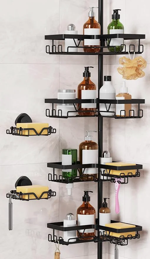 Effective KEGII Shower Caddy Corner Tension Pole with 2 Suction Cup Soap Dishes Rustproof 4-Tier Adjustable Bathroom Organizer No-Drill Shower Storage Rack for Fits 25–114.2 Inch BlackAbout ThisOverview Soft