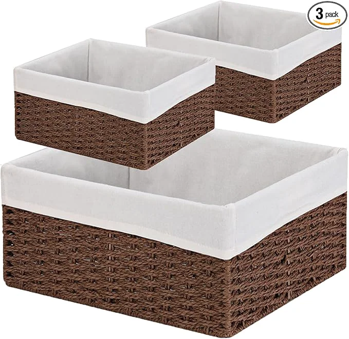 World-Class Vagusicc Wicker Basket Set of 3 Hand-woven Storage Baskets for Organizing Decorative Rectangle Wicker Storage Basket Bins with Handles Small Toilet Paper Storage Baskets for Shelves Decor BrownAbout ThisOverview Certified