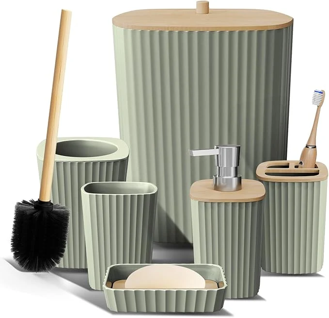 Traditional Clara Clark Bathroom Set - Sage Green Bathroom Accessories Set 6PC Bathroom Accessory Set Bathroom Sets with Toilet Brush Trash Can Soap DispenserAbout ThisOverview Classic