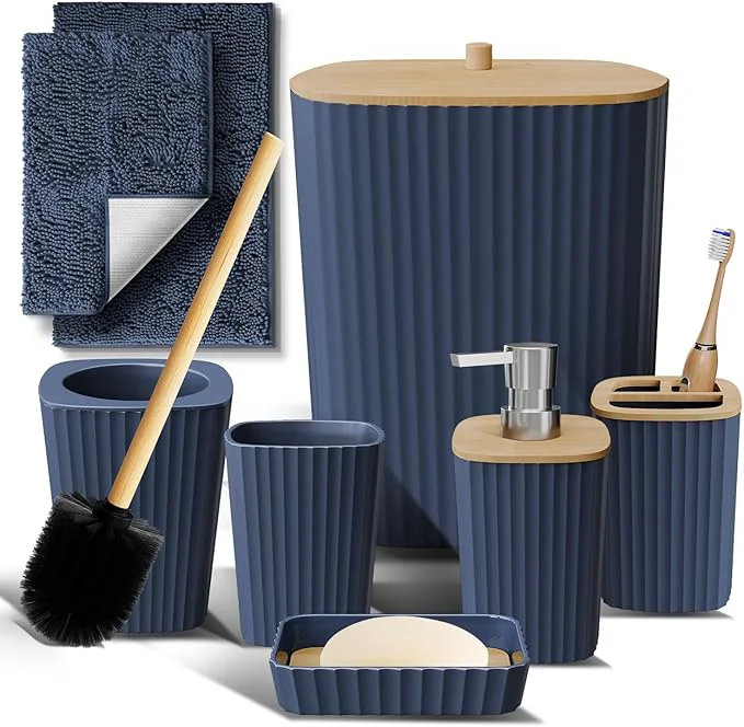 Sophisticated Clara Clark Bathroom Set - Navy Blue Bathroom Accessories Set 6PC Bathroom Accessory Set Bathroom Sets with Bathroom Rugs Toilet Brush Trash Can Soap DispenserAbout ThisOverview Natural