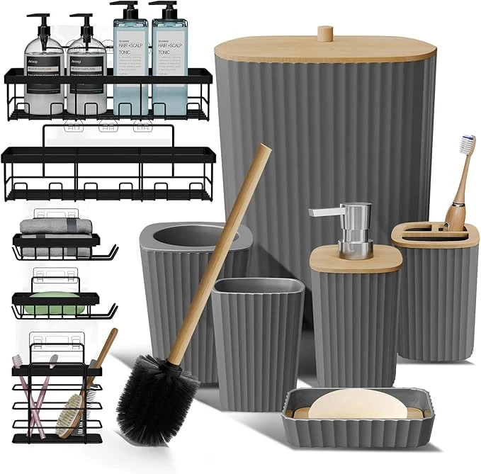 Elegant Clara Clark Bathroom Set - Grey Bathroom Accessories Set 6PC Bathroom Accessory Set Bathroom Sets with Adhesive Corner Shower Caddy Hanging Toilet Brush Trash Can Soap DispenserAbout ThisOverview Reliable