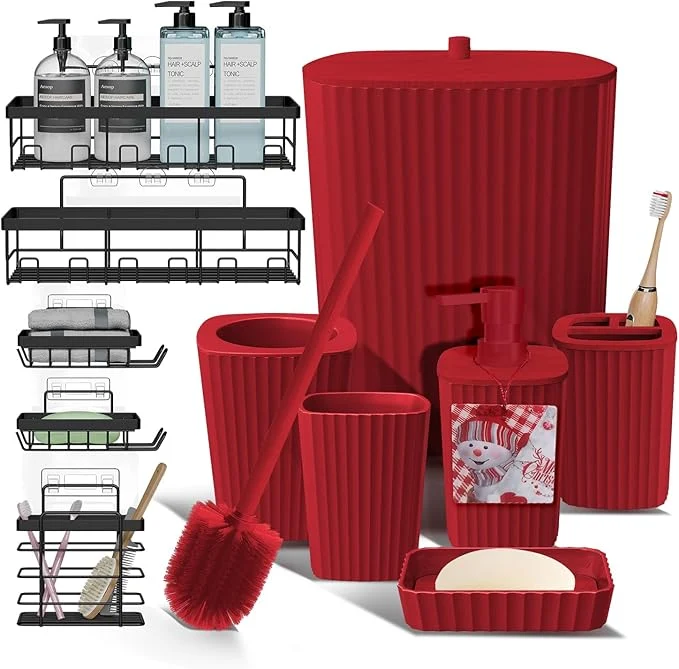 Prestigious Clara Clark Bathroom Set - Christmas Bathroom Accessories Set 11PC Bathroom Accessory Set Christmas Bathroom Sets with Adhesive Corner Shower Caddy Hanging Toilet Brush Trash Can Soap DispenserAbout ThisOverview Dependable