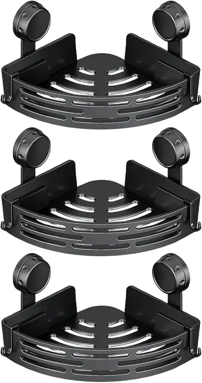 Unique 2026 New Corner Shower Shelf Suction Cup Shower Caddy No Drilling Bathroom Storage Rack Corners Organizer Storage Rack Adhesive with Towel Bar Black three-layer About ThisOverview Dependable