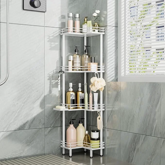 Solid Consumest Corner Shower Caddy Standing - 4-Tier Stainless Steel Shower Organizer with Soap Holder and 4 Hooks Large Capacity Corner Shelf Stand for Bathroom Rest Room WhiteAbout ThisOverview Sustainable