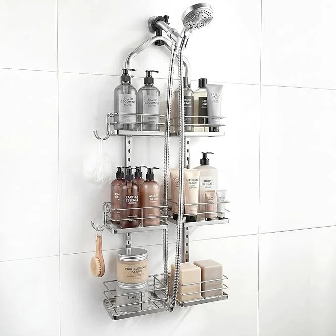 Recyclable Aluminum Alloy Hanging Shower Caddy for Handheld Shower Heads 3-Tier Adjustable Shower Rack Rustproof Hose Hanging Shower Organizer with 2 S-Hooks SilverAbout ThisOverview Refined