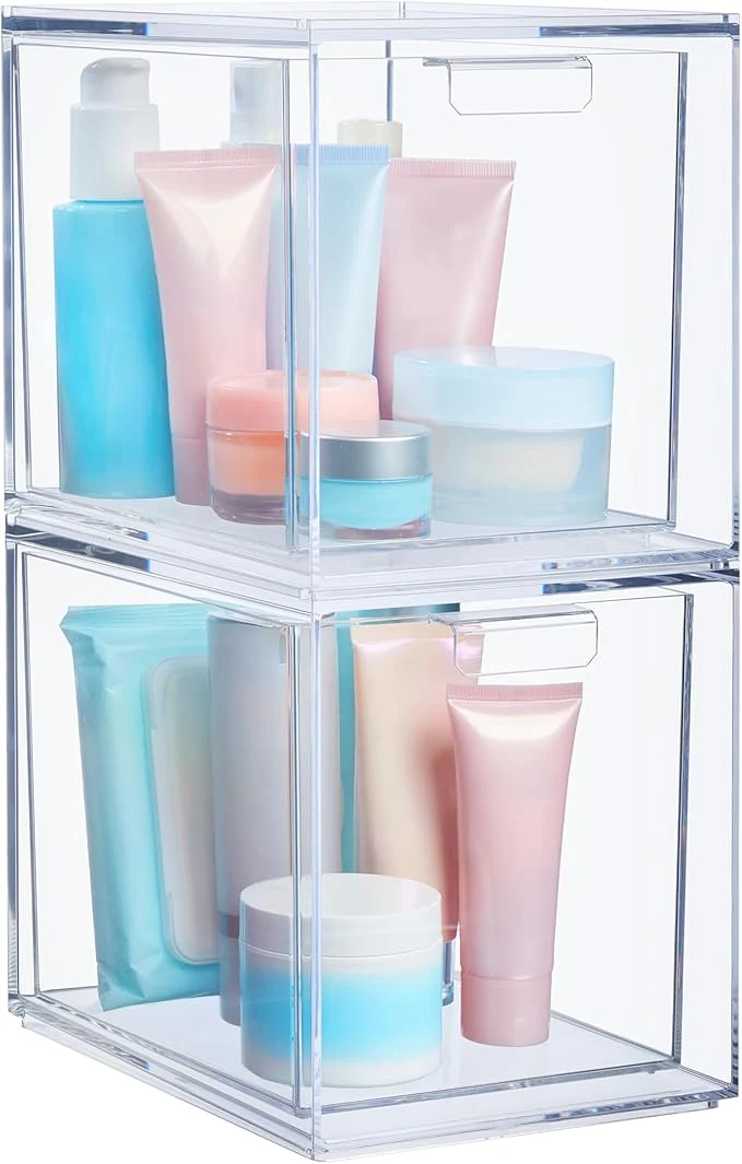 Casual STORi Audrey Stackable Bin Clear Plastic Organizer Drawers 2 Piece Set Organize Cosmetics and Beauty Supplies on a Vanity Made in USAAbout ThisOverview Efficient