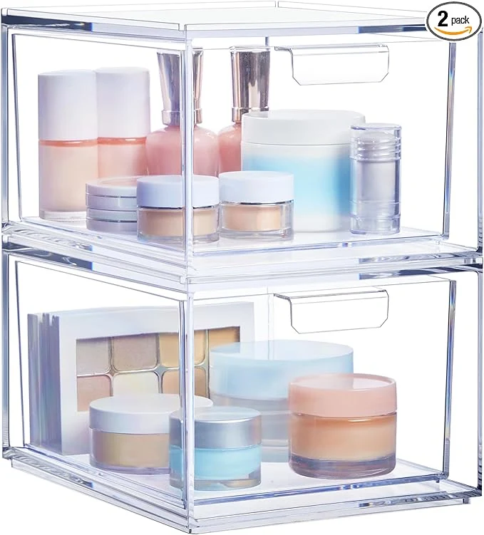 Pure STORi Audrey Stackable Clear Bin Plastic Organizer Drawers 2 Piece Set Organize Cosmetics and Beauty Supplies on a Vanity Made in USAAbout ThisOverview Flexible