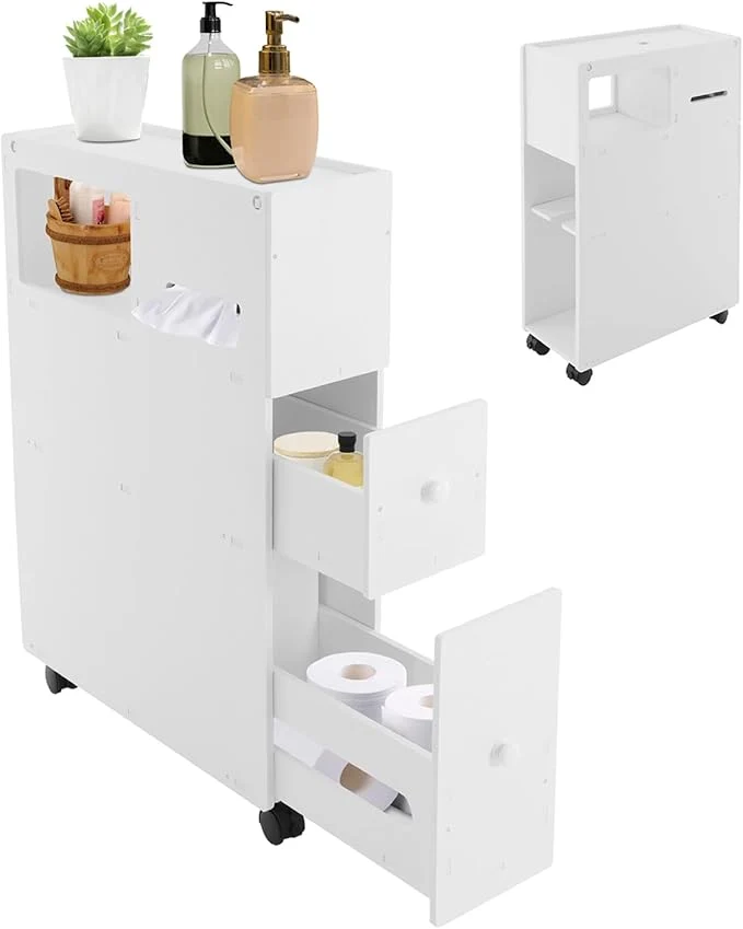 Trusted Slim Bathroom Storage Cabinet with Toilet Paper Holder Small Narrow Floor Cabinet with Drawers Lockable Wheels Modern White Bathroom Cabinet Organizer for Tissues Towels ToiletriesAbout ThisOverview Original