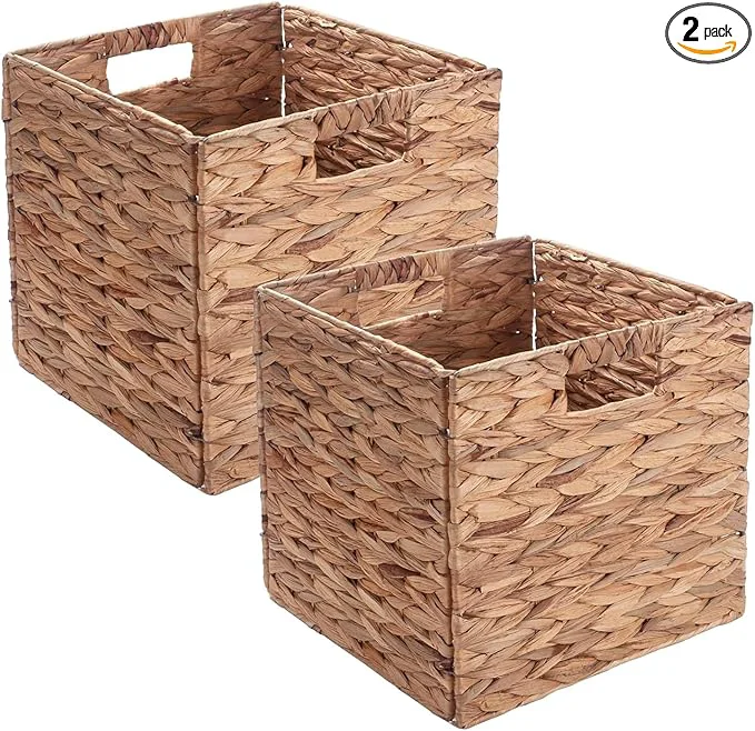 Breathable Set of 2 Wicker Storage Basket Woven Baskets for Storage Foldable Wicker Storage Baskets for Shelves Cube Storage Bin for Shelves Water Hyacinth Laundry Organizer Square Baskets 12''x12''x12''About ThisOverview Optimized