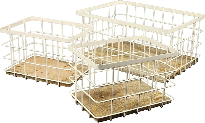 World-Class happimess BSK3004C-3SET Evvie Vintage Farmhouse Wire Metal Nesting Storage Baskets with Wood Base for Shelves Cabinets Pantry Countertop Mesh Open Bin Basket Almond Natural Set of 3 About ThisOverview Detailed