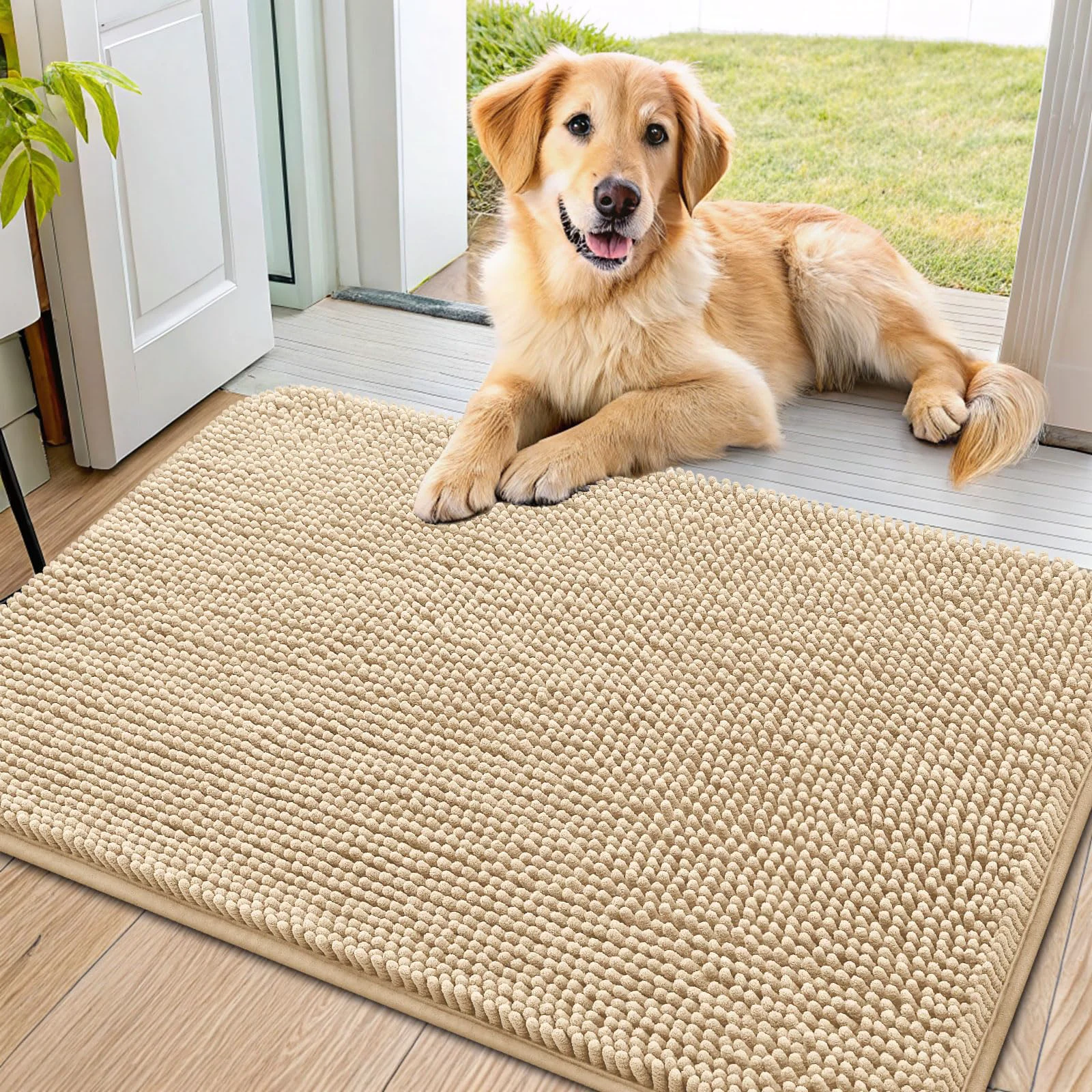Solid Smiry Dog Door Mat 34x21 – Absorbs Moisture Dirt Non-Slip Chenille Entryway Beige Green