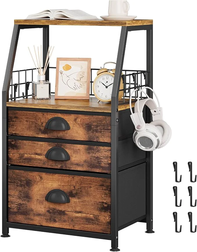 Safe LASZOLA 3 Fabric Drawers Organizer Tower with 6 Hooks and 2 Shelves Small End Side Table for Printer with Chest of Files Drawers I for Bedroom Living Room Office Dorm Under Desk Rustic BronzeAbout ThisOverview First-Class