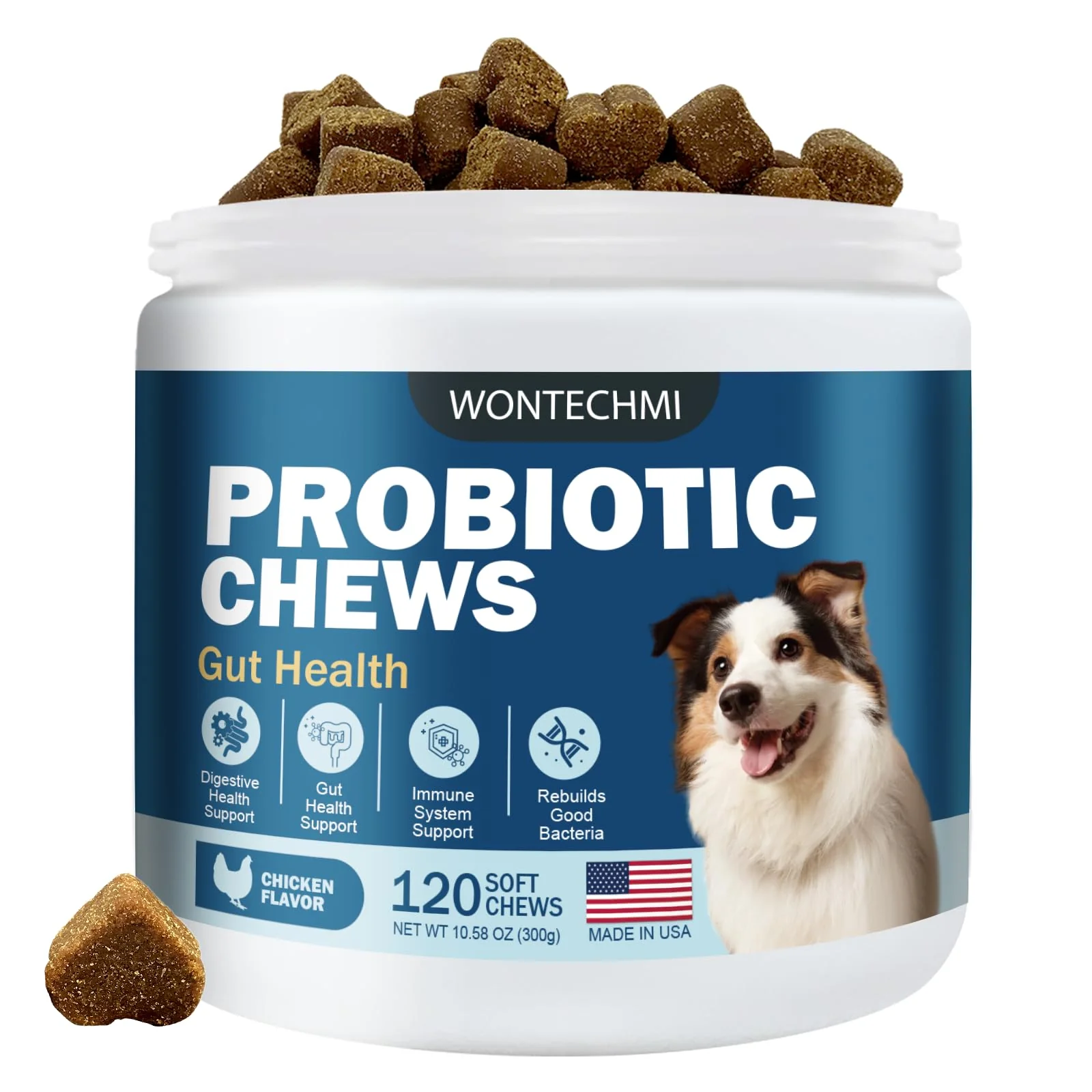 Soft WONTECHMI Probiotics for Dogs – Gut Health Itchy Skin Immune Support 120 Chicken Chews Selected