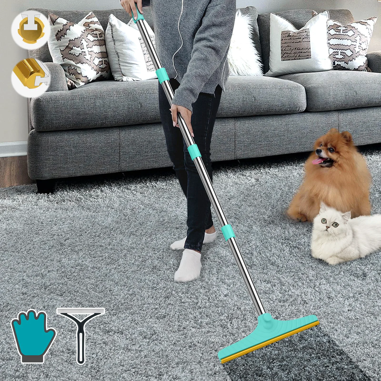 Artisan B-Land Carpet Rake for Pet Hair Removal - 60in Adjustable Long Handle User-Friendly