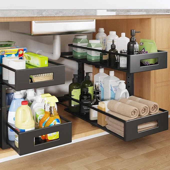 Detailed 2 Packs 19IN Depth Under Sink Organizer 2-Tier Pull Out Cabinet Organizer With Smooth Circular Rail Large Capacity Metal Mesh Sliding Drawers For Bathroom Kitchen Storage Height Adjustable –BlackAbout ThisOverview Solid