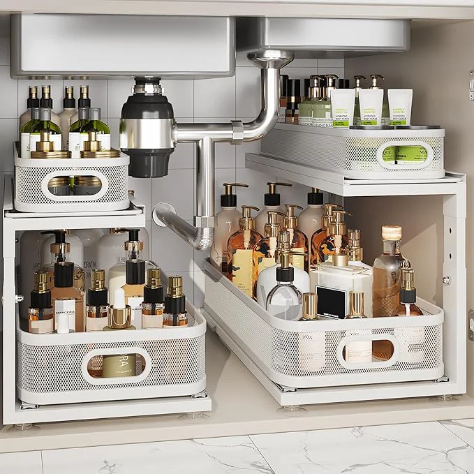 Responsible 2 Pack 21IN-Depth Under Sink Organizer With Next-Gen Ball-Bearing Slides 2-Tier Precision Mesh Pull Out Cabinet Storage for Bathroom Kitchen Height Adjustable Drawers Shelf Anti-rust-WhiteAbout ThisOverview Reusable