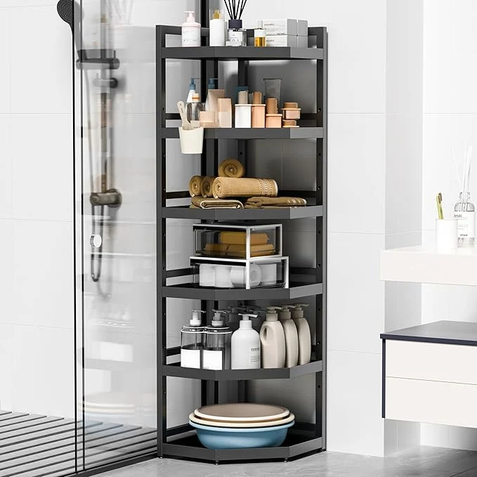 Durable 6 Tier Standing Corner Shower Caddy Waterproof and Rust Proof Adjustable Height Multi-functional Tiered Storage for Shower Gel Shampoo Cosmetics Kitchen Supplies BlackAbout ThisOverview Healthy