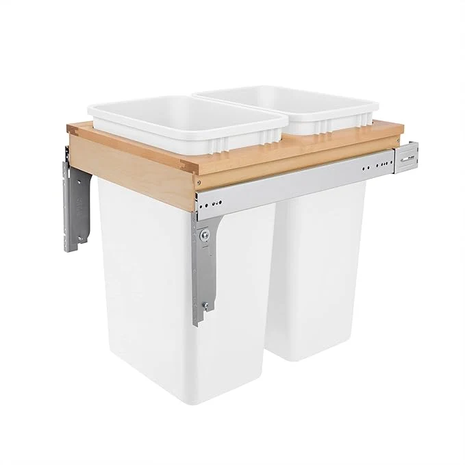 Quality Rev-A-Shelf Top Mount Double Pullout Under Cabinet 50 Quart Kitchen Trash Cans for Full Height Cabinet 150 Pound Rated Full-Extension Slides 4WCTM-2150DM-2About ThisOverview Clean