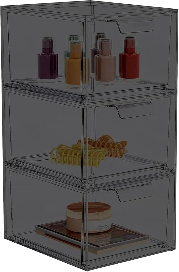 Unique 3 Pack Stackable Makeup Organizer and Storage Acrylic Organizers，Clear Plastic Storage Drawer with Pull-Out Handles for Vanity Undersink Kitchen Cabinets Pantry BlackAbout ThisOverview Responsible