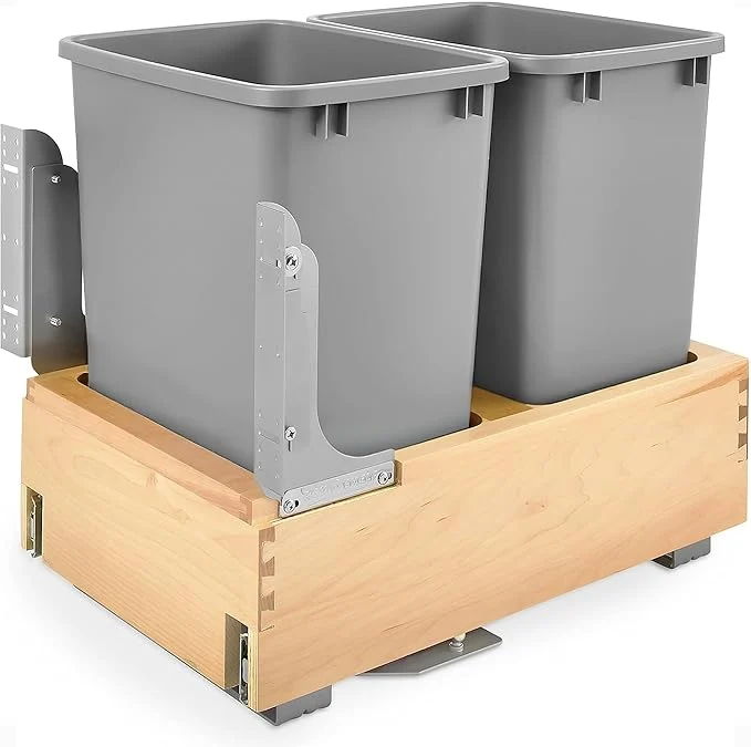 Fashionable Rev-A-Shelf 35 Qt Bottom Mount Double Pullout Under Cabinet Kitchen Trash Cans w Soft-Close 150 Pound Rated Full-Extension Slides Gray 4WCBM-18DM-2 – Container Bins for Waste ManagementAbout ThisOverview Casual