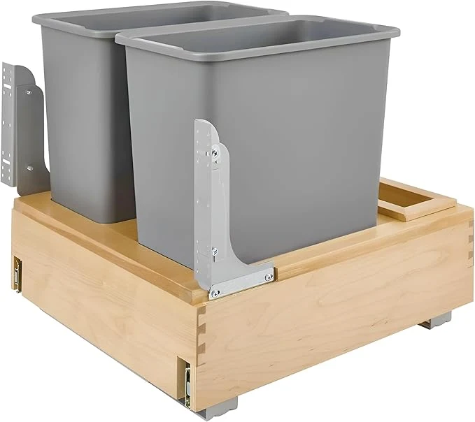 Certified Rev-A-Shelf Double 30-Quart Pullout Under Cabinet Trash Cans with Soft Open Close Slide System Metallic Silver Maple Wood Bottom 4WCBM-2430DM-2About ThisOverview Environmentally Friendly