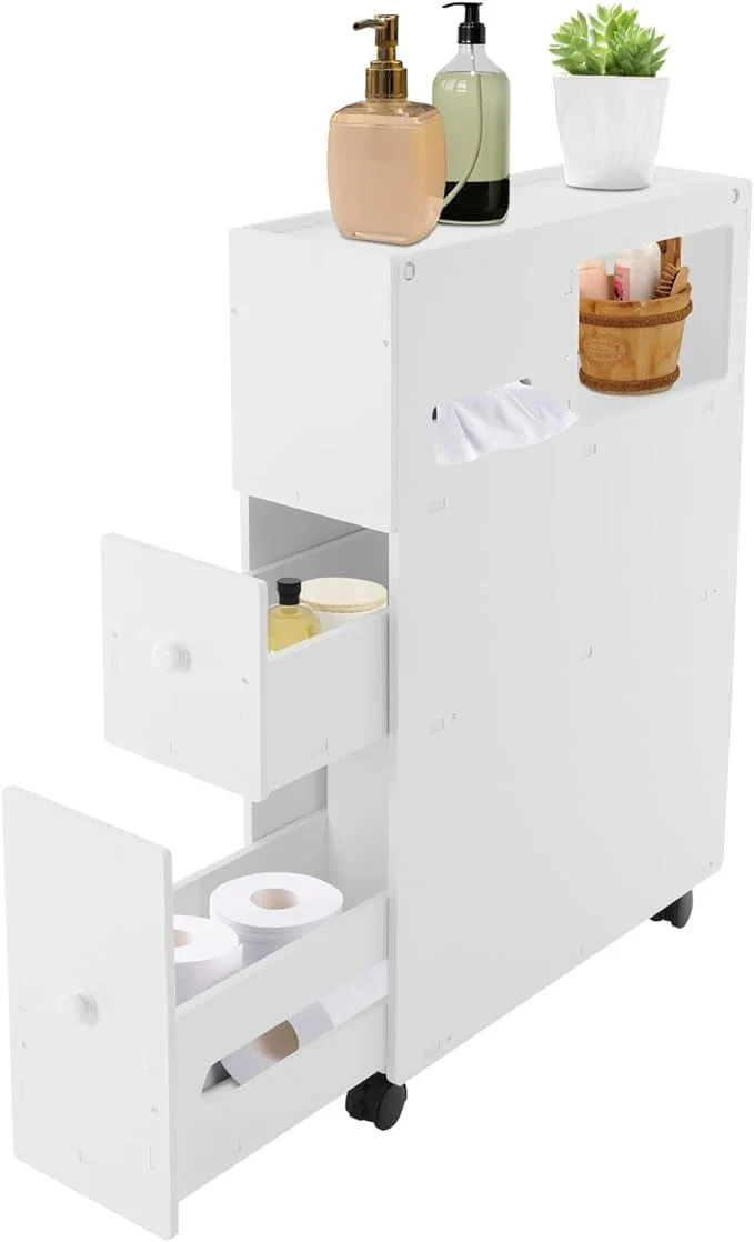 Specialty Slim Mobile Bathroom Cabinet with Wheels Brakes Slim Storage Organizer with Slide-Out Drawers Large Capacity Narrow Cabinet for Toilet Bathroom Laundry RoomAbout ThisOverview Convenient