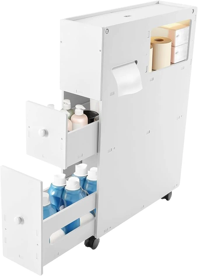 Practical Slim Bathroom Floor Cabinet Narrow Bathroom Storage Cabinet Plastic Storage Drawers Standing Cabinet Rolling Toilet Paper Holder with Slide Out Drawers Thin Toilet Cabinet w WheelAbout ThisOverview Unique
