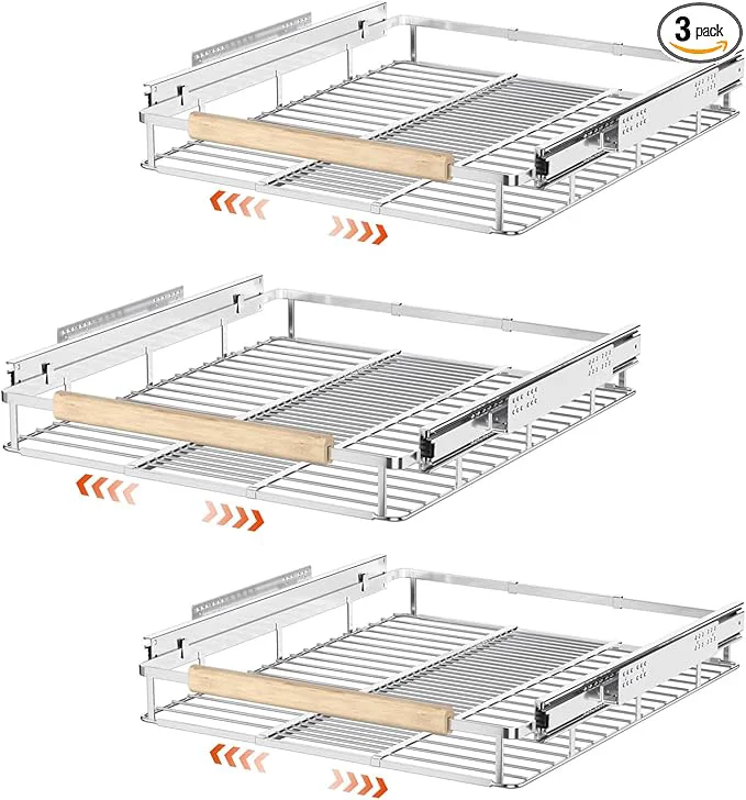 Quality SANNO Expandable Pull Out Cabinet Organizer Slide Out Pantry Shelf for Kitchen Cabinet or Under Sink Extendable Width16.1 to 26.4 W Chrome Finish 3PackAbout ThisOverview Durable
