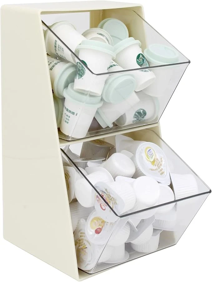 Carefully Designed Bokelai Coffee Pod Holder with 2 Large Capacity Basket K Cup Storage Container Coffee Bar Accessories for Creamer Suger Plastic Desk Box Tea Bag Organizer Creamy White ClearAbout ThisOverview Contemporary