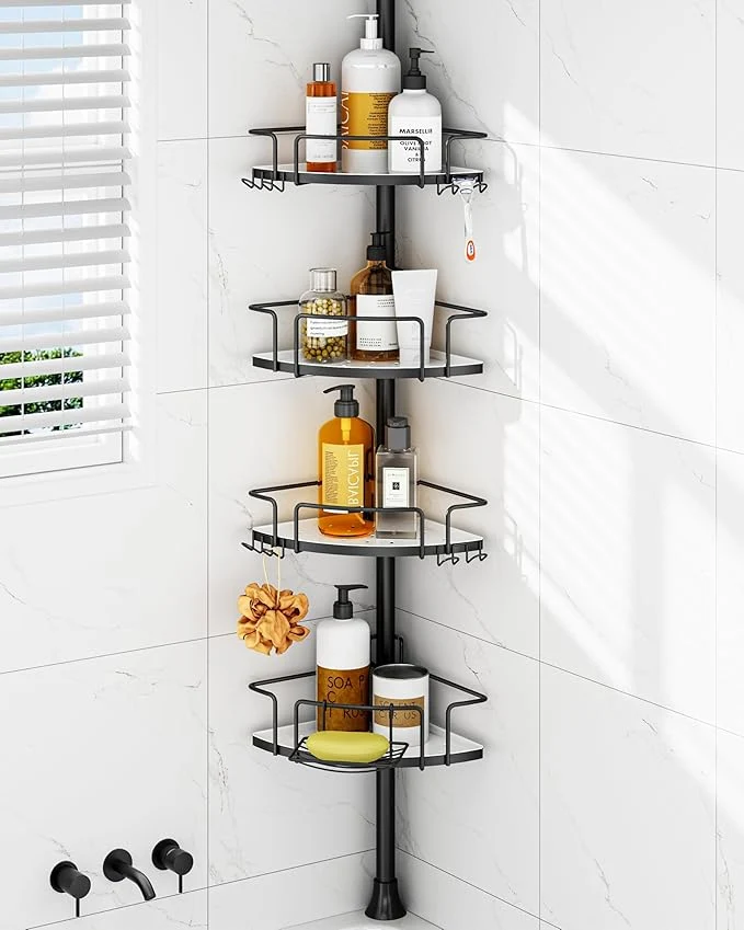 Fine Crafted ALLZONE Corner Shower Caddy Tension Pole 4 Repositionable Hang-On Baskets with Mixed-Height Shelves for Various Bottle Sizes 4 Dual Hooks Soap Holder Rustproof Stainless Steel Fits 34–116 InchAbout ThisOverview Professional