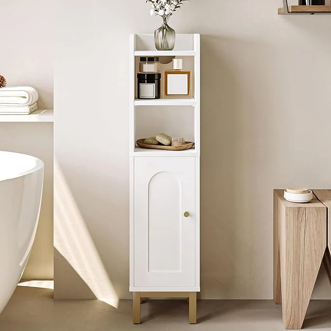 Fashionable Bathroom Storage Cabinet Small Corner Floor Cabinet with Door and Shelves Narrow Toilet Paper Holder Bathroom Organizer with Adjustable Shelf for Small Spaces White BC08203XAbout ThisOverview Innovative