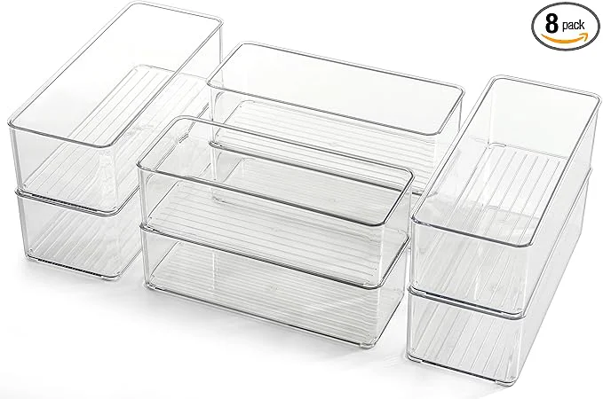 User-Friendly Hudgan 8 Pack Clear Plastic Drawer Organizers Set Stackable Deep Drawer Organizer for Makeup Vanity and Desk 2 Sizes Tall Bathroom Drawer OrganizerAbout ThisOverview Top-Quality