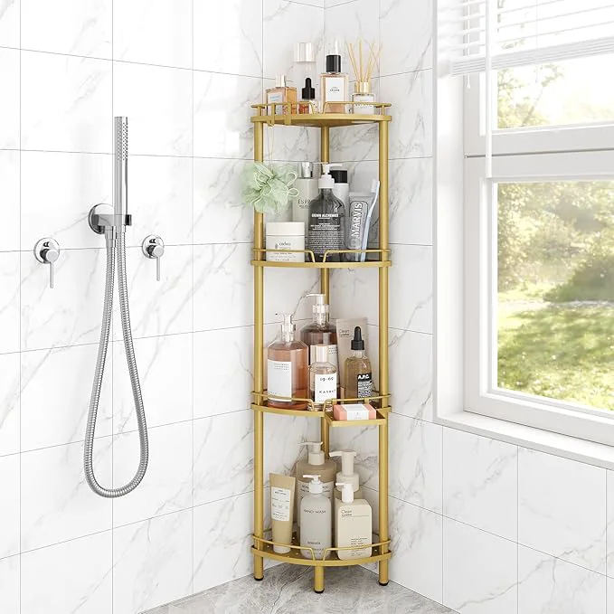 Trendy ELYKEN Corner Shower Caddy Standing 4 Tier Rustproof Metal Shower Organizer with Soap Holder Floor Shower Corner Shelf Rack Storage Stands with Adjustable Feet 2 Hooks for Bathroom GoldAbout ThisOverview Proven