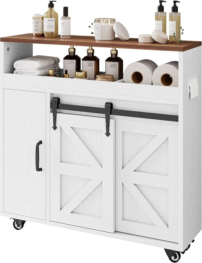 Reusable IRONCK Toilet Paper Cabinet Slim Bathroom Cabinet with 4 Rolling Wheels Farmhouse Slim Storage Cart with Paper Holes Sliding Doors and Adjustable Shelf for Small Space White WalnutAbout ThisOverview Advanced
