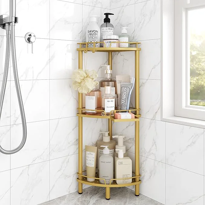 Professional ELYKEN Corner Shower Caddy Standing 3 Tier Rustproof Metal Shower Organizer with Soap Holder Floor Shower Corner Shelf Rack Storage Stands with Adjustable Feet 2 Hooks for Bathroom GoldAbout ThisOverview Trendy