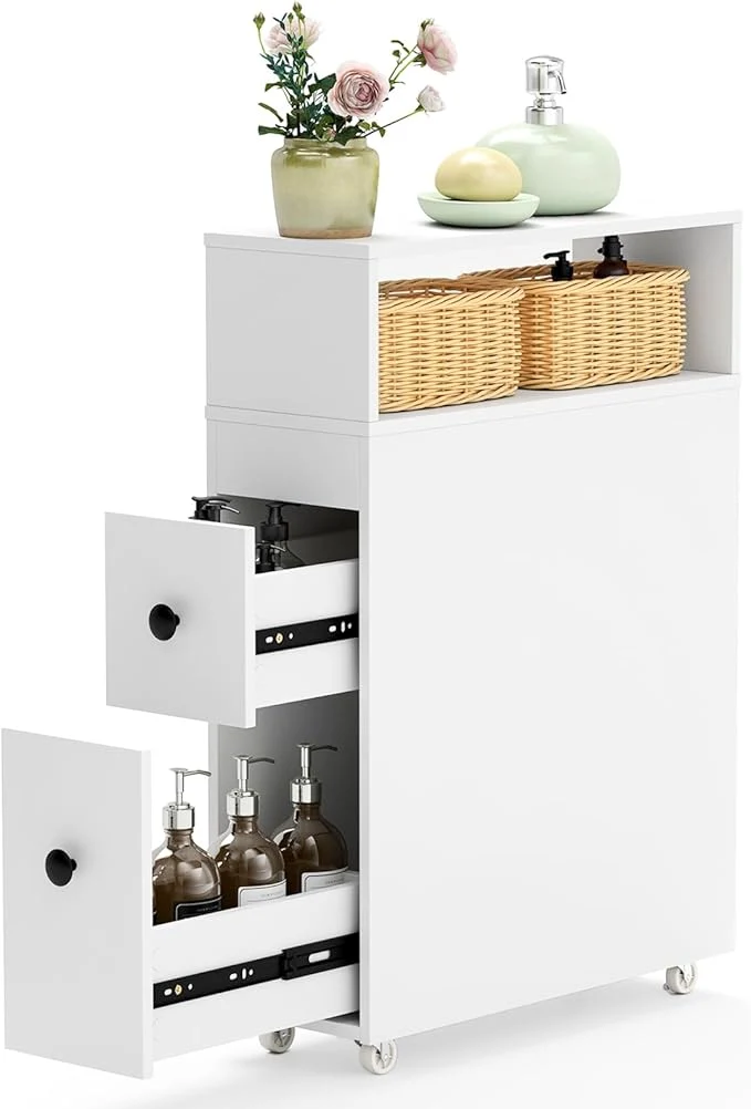 Efficient HOMGX Slim Bathroom Storage Cabinet Narrow Floor Bathroom Organizer with Universal Wheels standing Side Toilet Storage with 2 Drawers Rolling Bathroom Space Saver for Corner Small Spaces WhiteAbout ThisOverview Fashionable