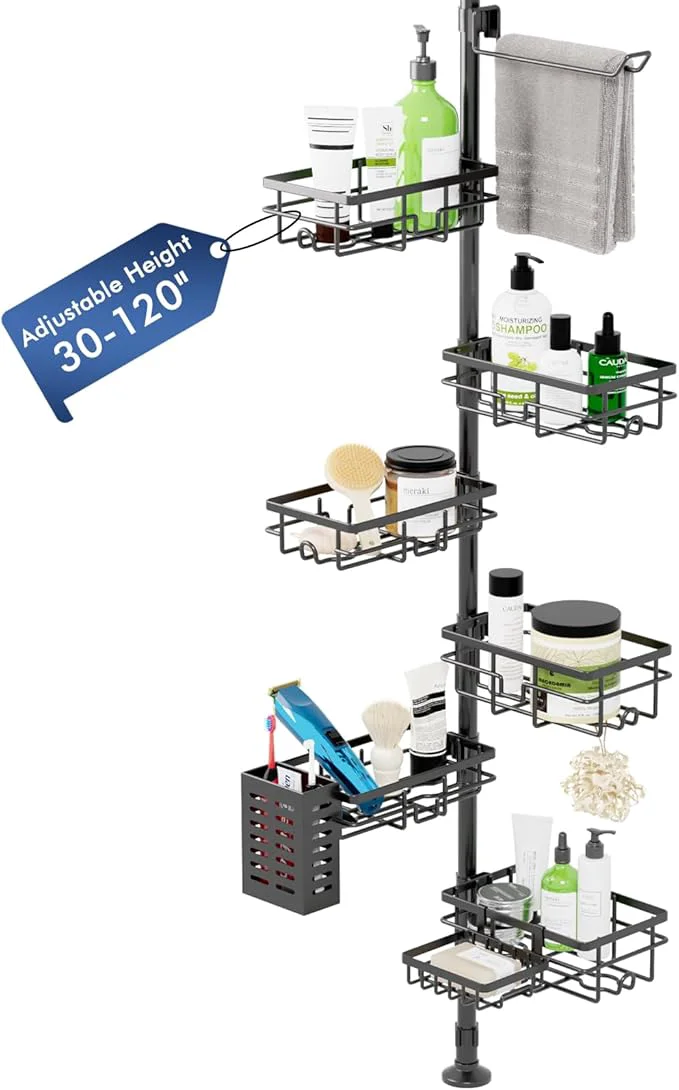 Solid Shower Caddy Organizer Tension Pole Rustproof 6-Pack Corner Shelf with 30-120 Inch Adjustable Shower Rack for Inside Shower Extra Towel Bar Soap Dish for Bathroom Organizers and Storage BlackAbout ThisOverview Exclusive